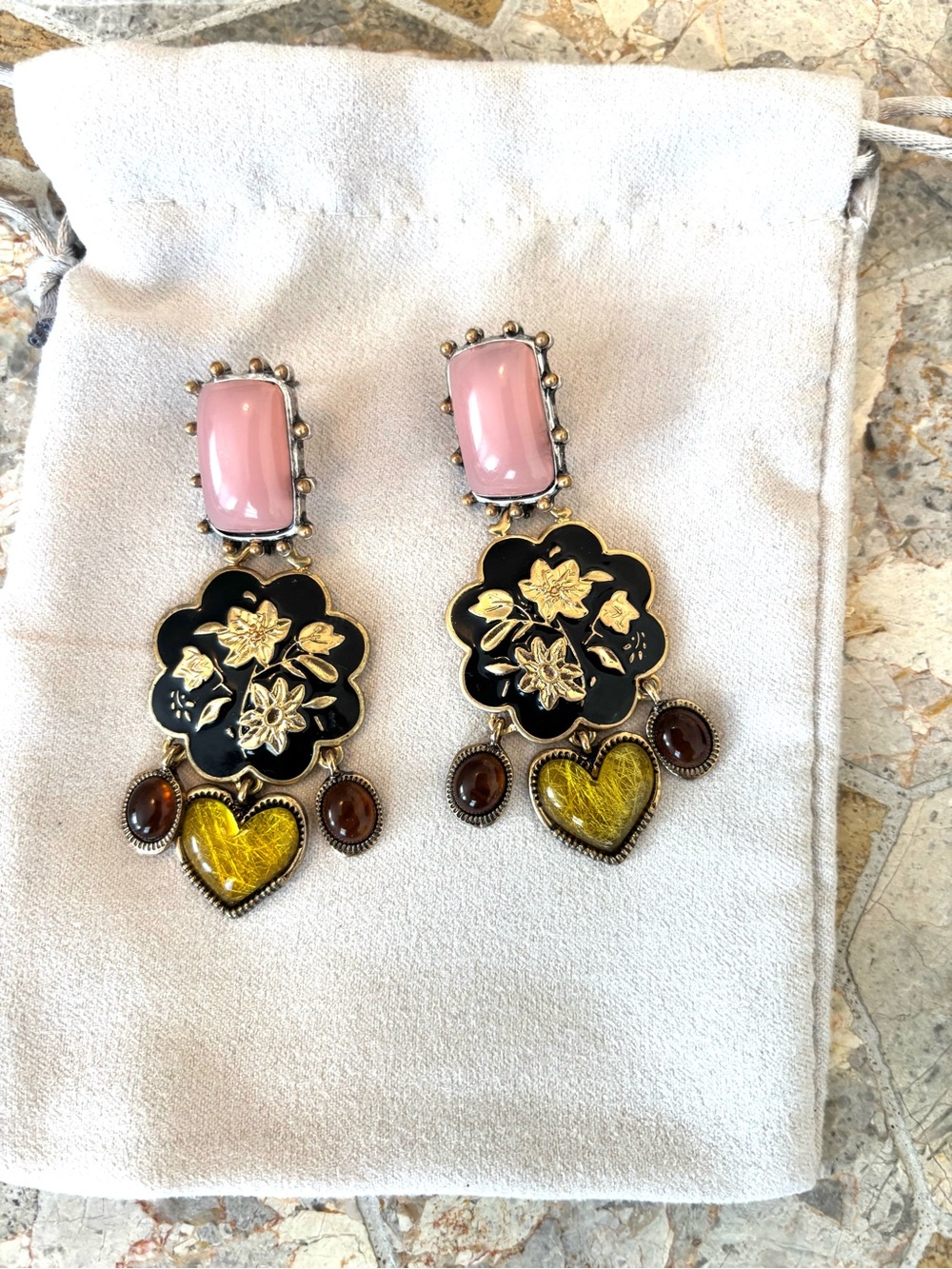Zara Pink, Black and Yellow Floral Heart Drop Earrings
